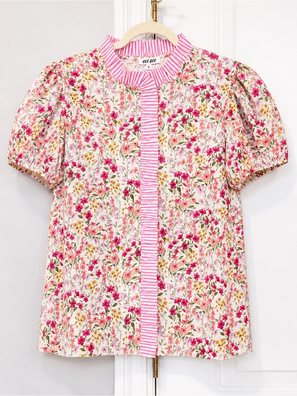 GEEGEE Floral Puff Sleeve Blouse Pink Stripe Trim Cottagecore Top NWT Large